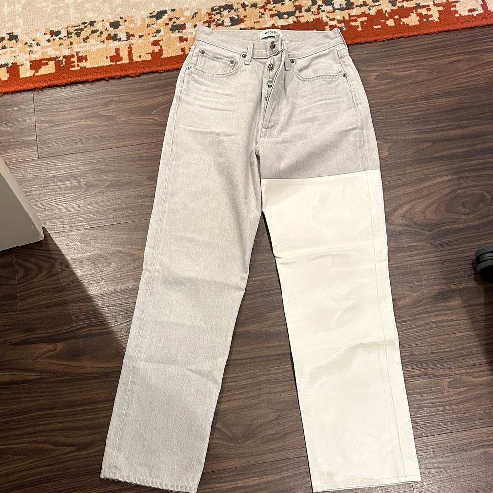 AGOLDE Pieced '90s High Rise Leather & Denim Straight Leg Jeans